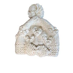 Icing Hat Women Cream 9" Knit Beanie Pom Heart Cable Winter Snow Ski 80s Retro